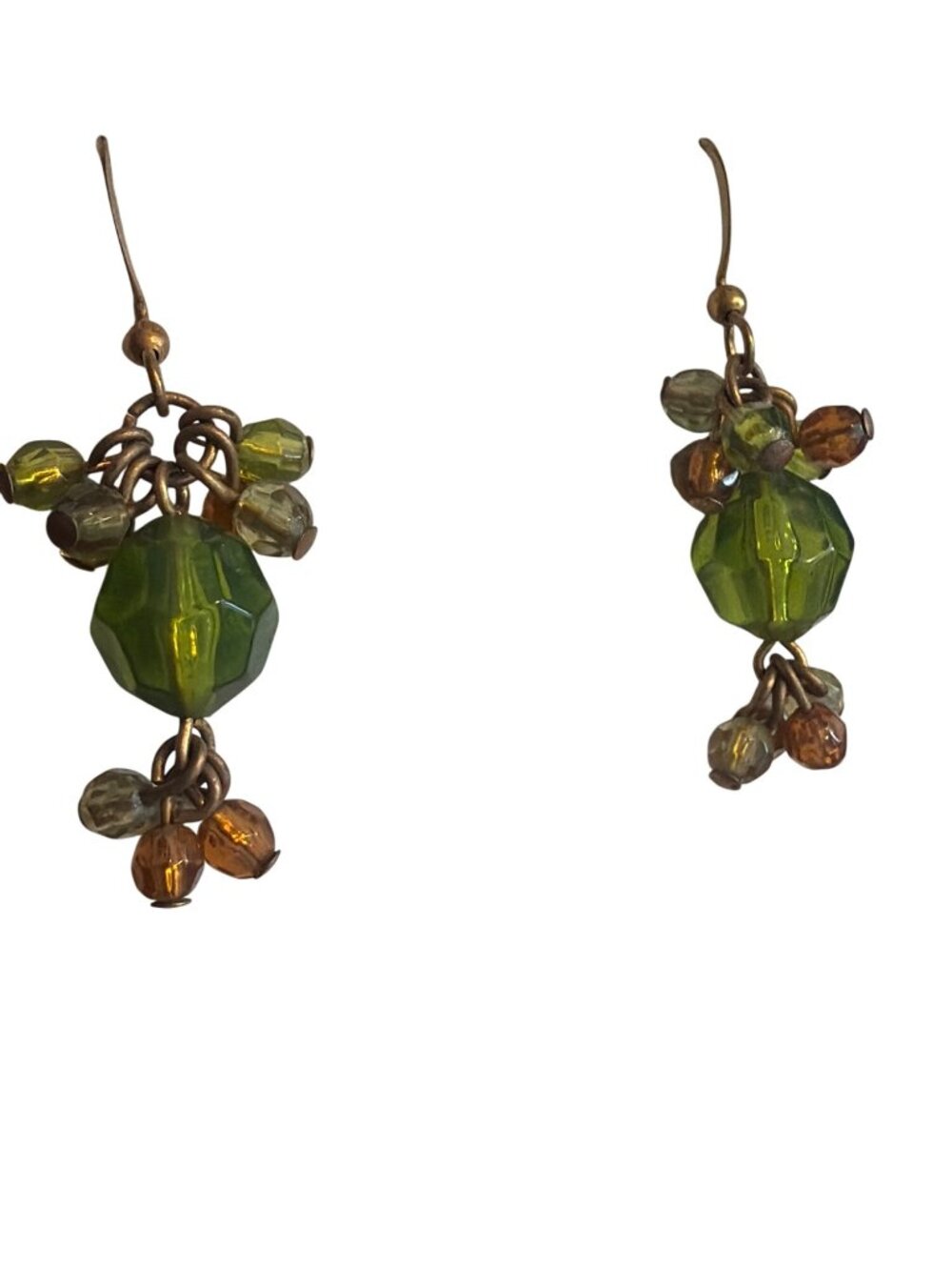 Vintage Glass Beaded Dangle Earrings Green Amber Color Beads Hooks 1.5" Estate